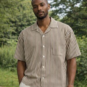 Elwood Boxy Camp Shirt Cotton Rayon Brown Cream Stripe Mens Large Short Sleeve
